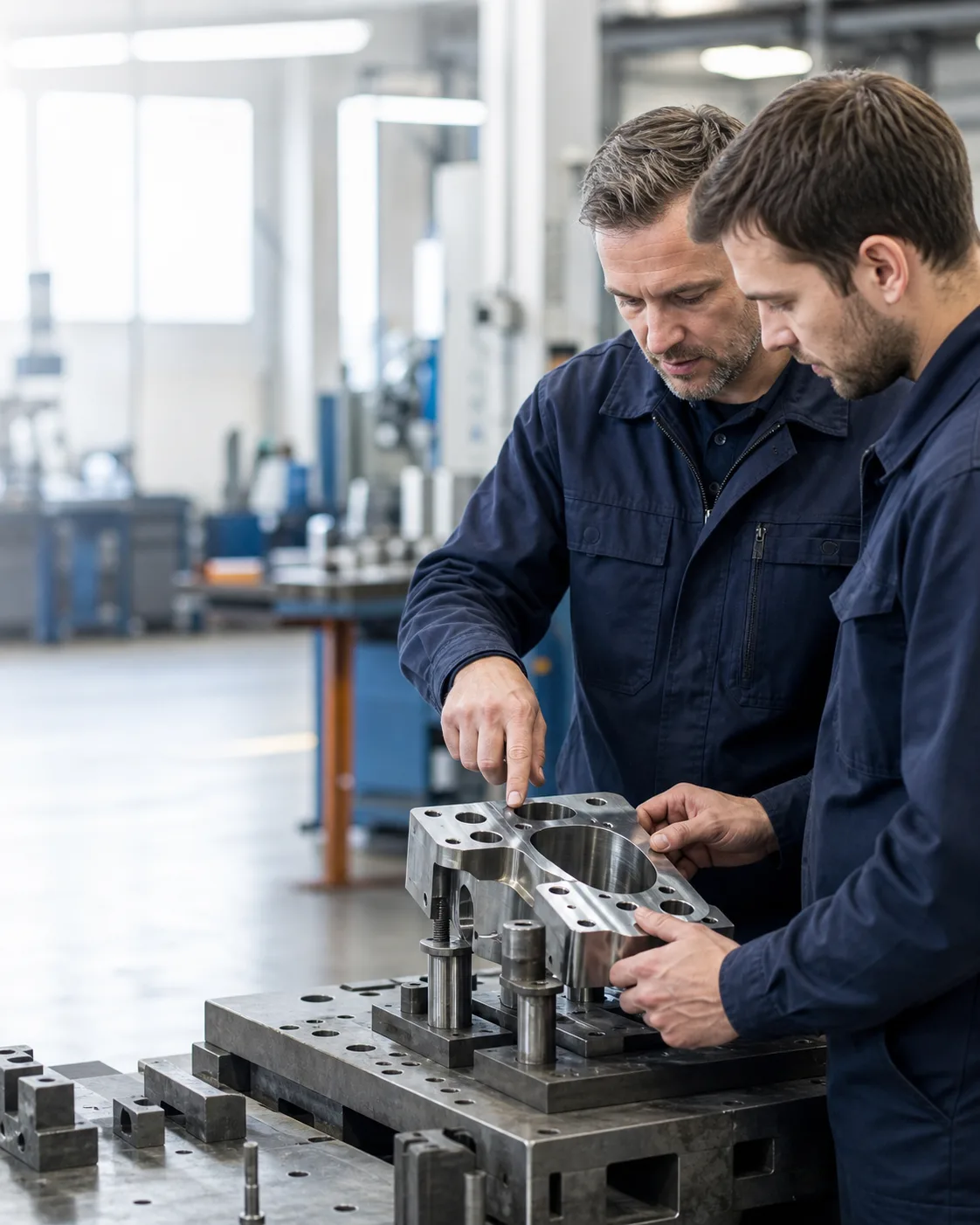 Profesionales revisando un componente industrial en una planta
